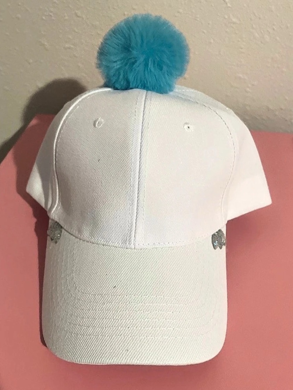 White & Blue Pom-Pom Hat